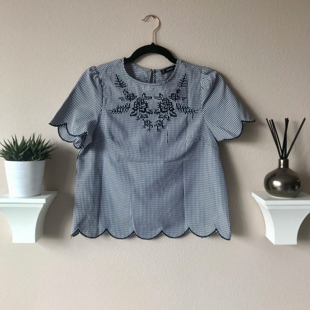 Gingham Embroidered Scallop Top